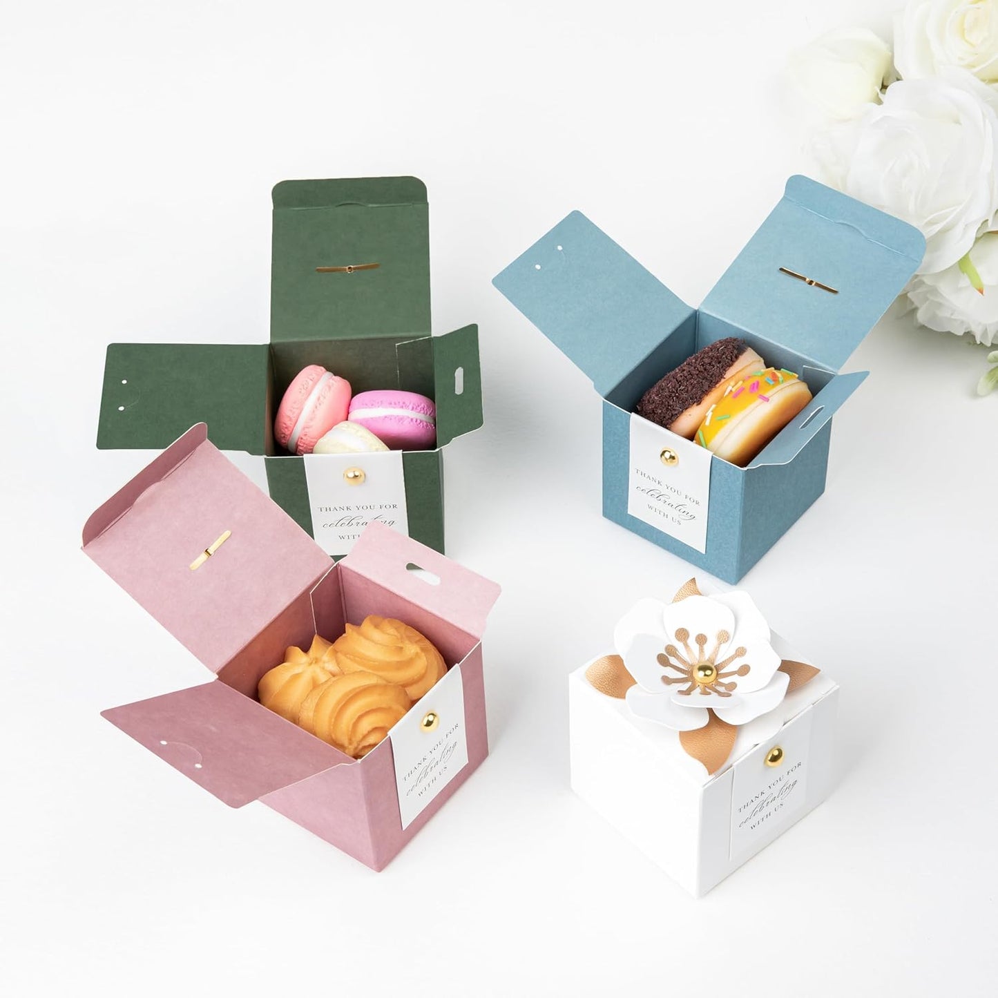 FEIYI 20 PCS Candy Boxes, 3 In 1 White Favor Boxes With Floral Decor, White Thank You Tags Gift Wrapping For Wedding Birthday Baby Shower Decorations Party -2.55x2.55x2.55''