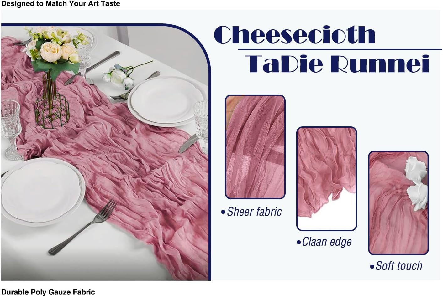 12 Pack Dusty Rose 10 Ft Cheesecloth Table Runner 20x120 Inch Boho Wrinkled Sheer Romantic Gauze Decor for Wedding, Bridal Shower, Birthday Party