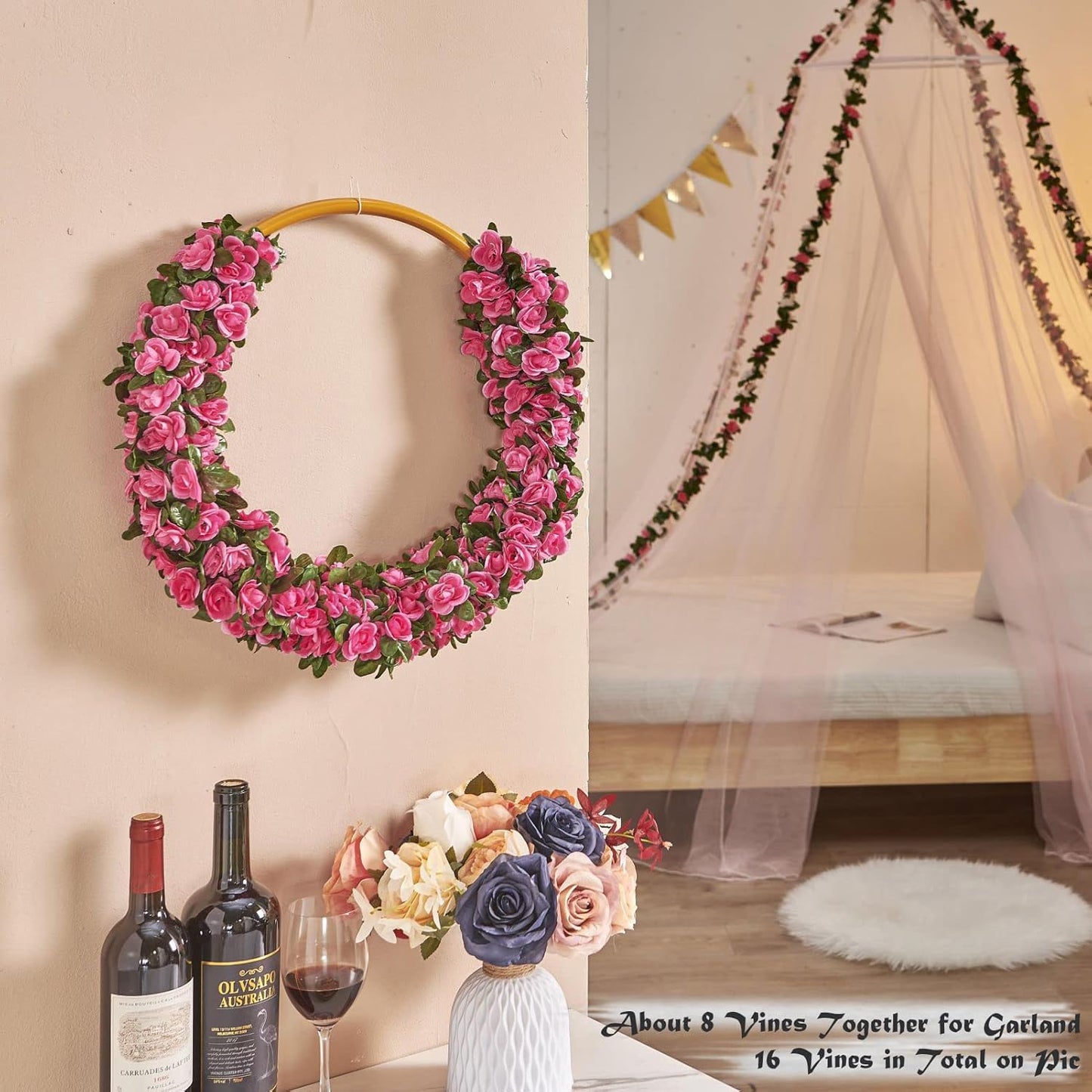 8 Pcs x 8.2 ft Flower Garland Artificial Rose Vine Flowers with Green Leaves Hanging Fake Roses Vine for Room Party Home Wedding Birthday Christmas Wall Arch Decor, Spring Magenta Flower