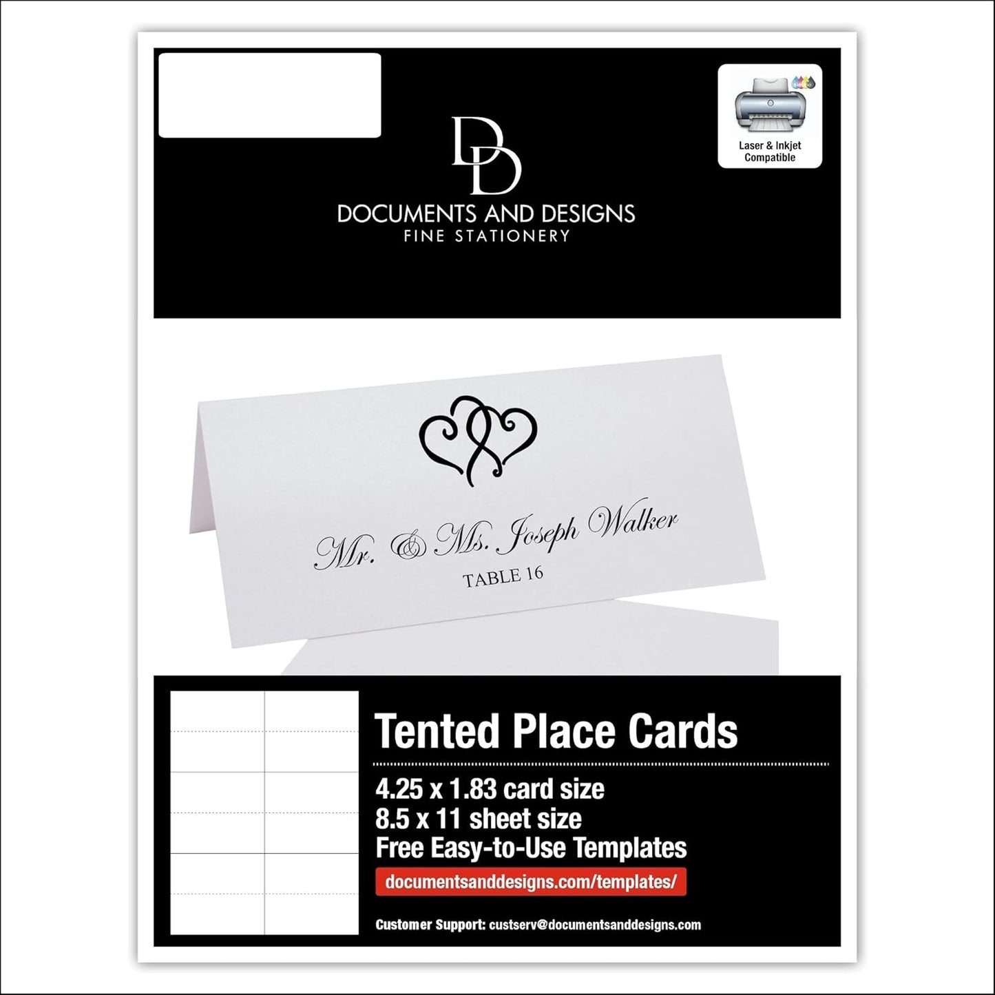 Linked Hearts Printable Place Cards, Black (Choose Color), Set of 150 (25 Sheets), Laser & Inkjet Printers - Wedding, Party, Dinner, and Special Events - Made in the USA