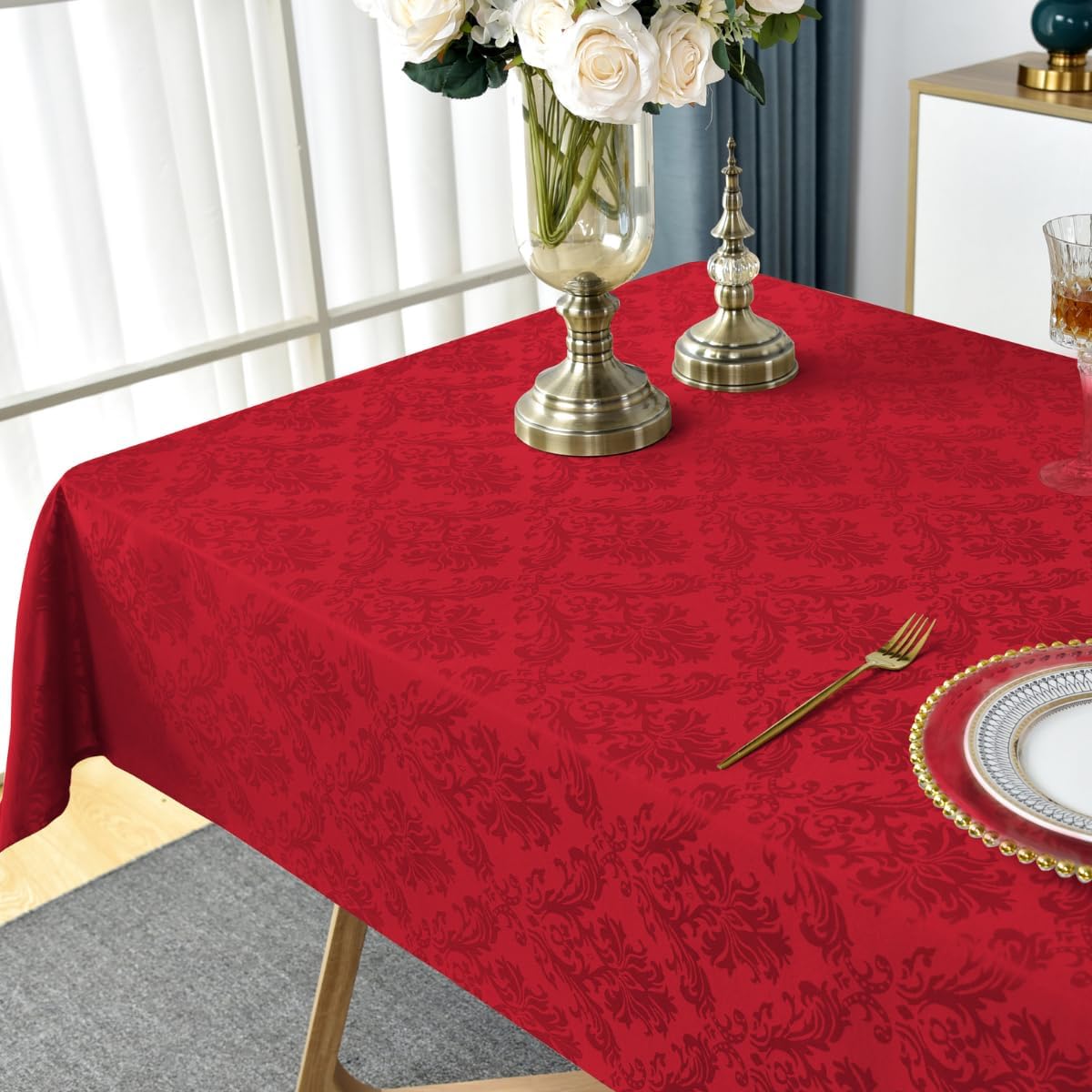 SASTYBALE Rectangle Jacquard Tablecloth, Damask Table Cloth SpillProof Wrinkle Resistant Tablecloths, Soft Polyester Oblong Table Cover for Kitchen, Dinner, Parties (Red, 60X102)