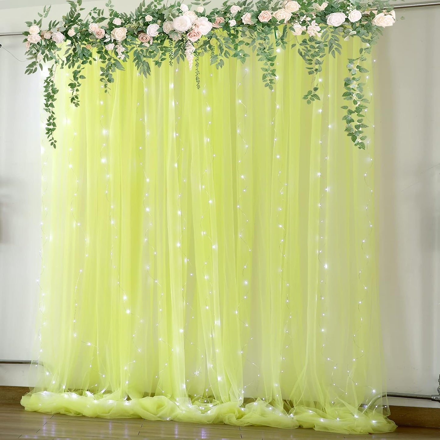Yellow Tulle Backdrop Curtains with Lights String for Birthday Party Photoshoot 10ft × 8ft Sheer Backdrop Curtains for Baby Shower Wedding Background Decorations 2 Panels 5×8ft