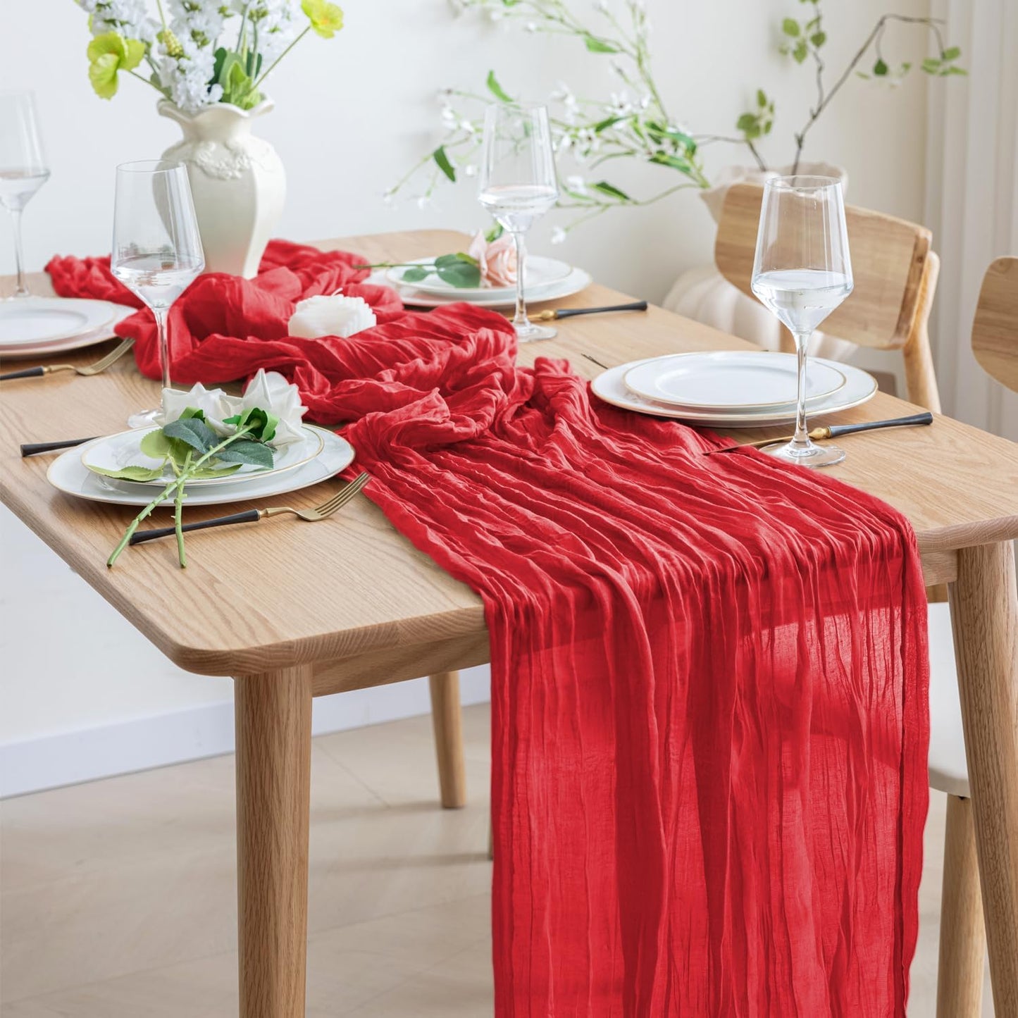 Asee'm 2PCS Fall Table Runner Cheesecloth 10FT Red Boho Gauze Fabric Rustic Sheer Cheese Cloth Runners for Thanksgiving Christmas Wedding Bridal Shower Party
