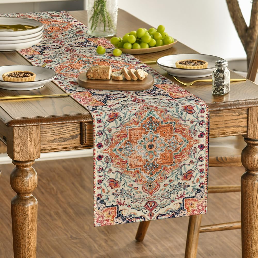 Artoid Mode Boho Bohemia Style Orange Table Runner, Country Rustic Farmhouse Magical Fall Kitchen Dining Table Decoration for Home Party Decor 13x120 Inch