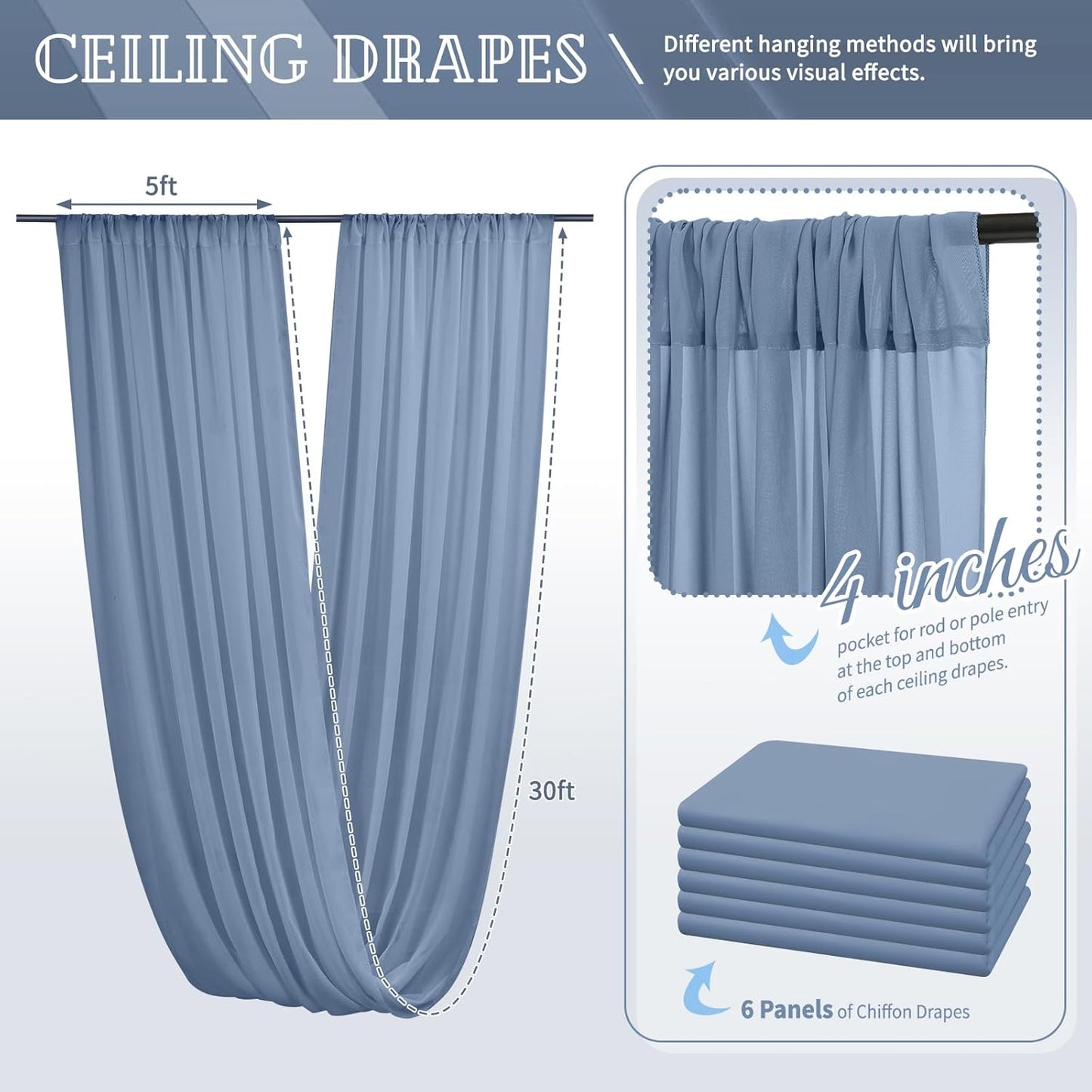 6 Panels Dusty Blue Ceiling Drapes for Wedding 5ftx30ft Chiffon Fabric Arch Draping Curtains Sheer Drapery for Party Ceremony Birthday Baby Shower Reception Stage Swag Ceiling Decorations
