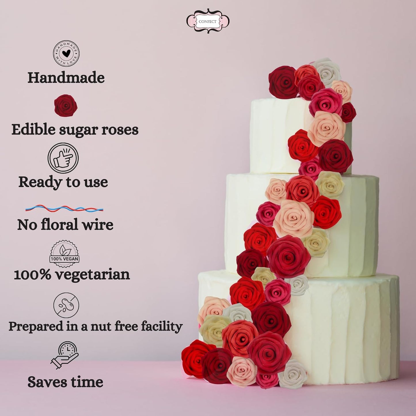 Confect Edible Rose Toppers – Edible Roses for Cake, Cupcake & Doughnut Decorating – Elegant Ombre Floral Toppers for Desserts- Vegan, Dairy-Free, Palm Oil-Free - Pack of 12