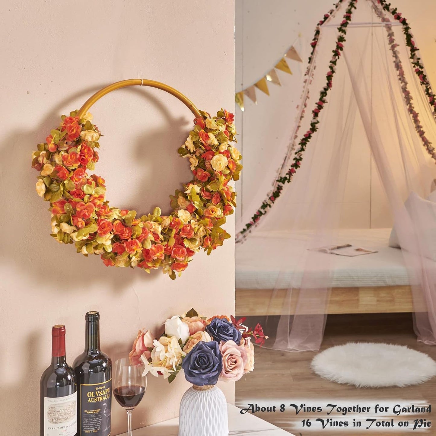 8 Pcs x 8.2 ft Flower Garland Artificial Rose Vine Flowers with Green Leaves Hanging Fake Roses Vine for Room Party Home Wedding Birthday Christmas Wall Arch Decor, Fall Champagne Flower