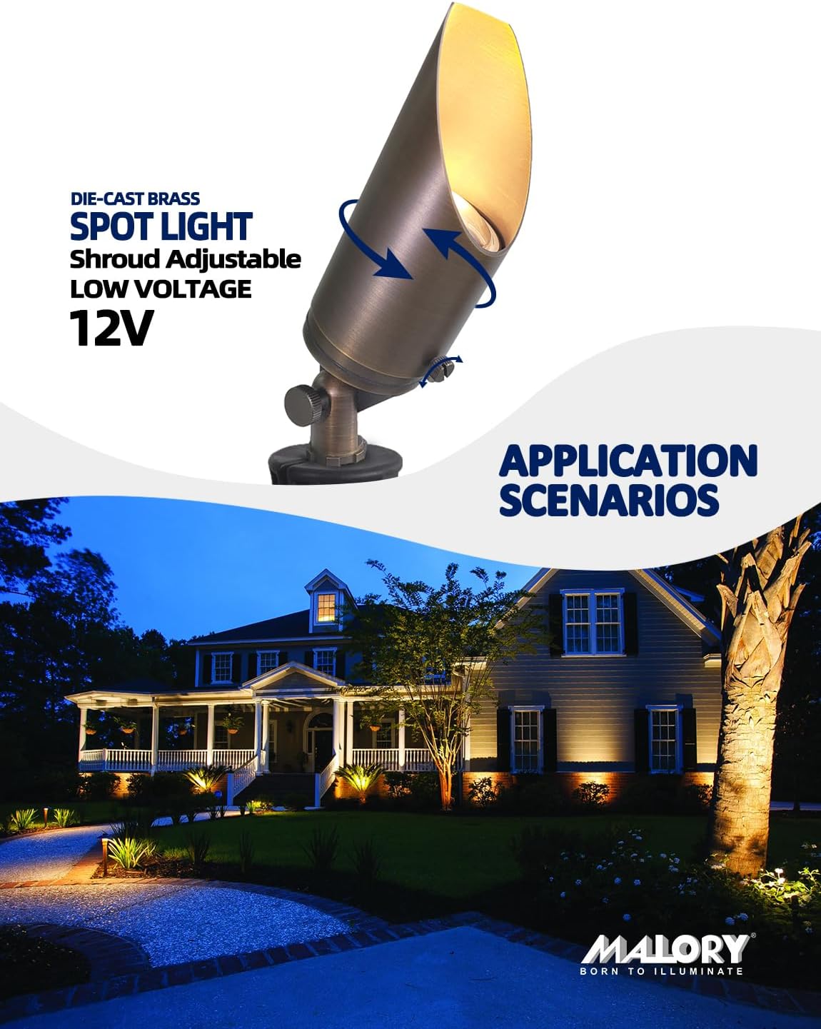 MALORY Brass Landscape Spotlight 10-Pack with 5W LED MR16 Bulb(S03), 12V AC/DC Low Voltage Outdoor Landscape Lighting Shroud Adjustable,Ground Stake and Wire Connector Included,2700K Warm White