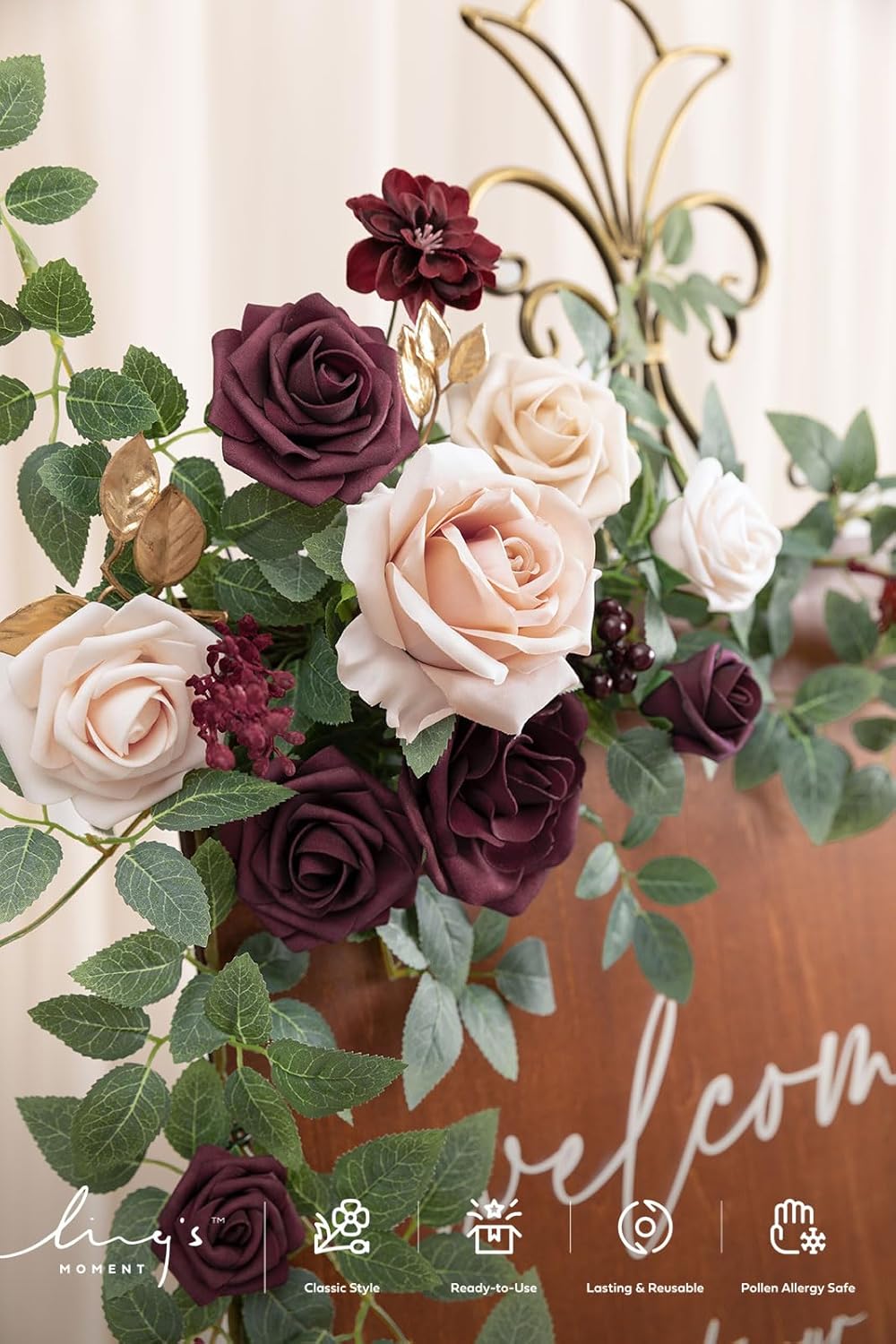 Ling's Moment 2pcs Wedding Flowers Garland Artificial Floral Swag Arch Decorations Rose Greenery Arrangements Marsala Blush Ceremony Reception Garden Easel Wall Entryway Outdoor board(NOT Include Sign