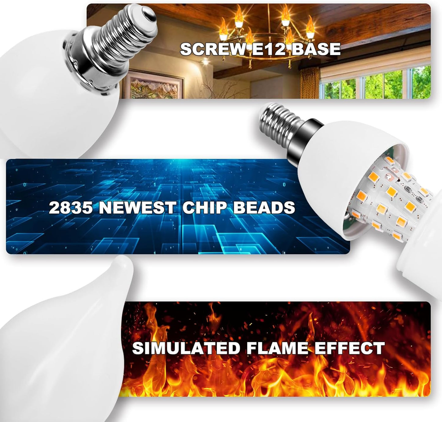 E12 LED Flickering Candelabra Flame Effect Light Bulbs - Upgrade Flicker Candelabra Torch Fire Effect Lights Bulbs for Outdoor Halloween Xmas Holiday Decorations 3W 1400K (8 Pack)