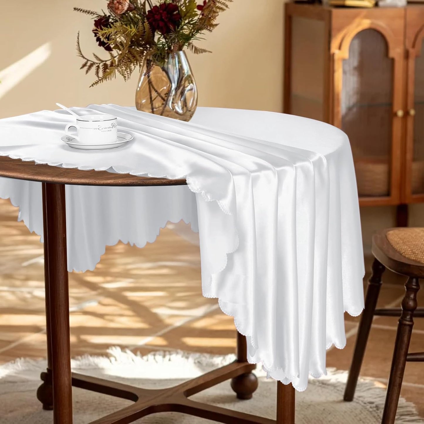 KKJIAF 1 Pack 60 Inch / 5ft Round Table Cloth, White Overlay Round Satin Table Cover, Silky Satin Dining Tablecloths for Wedding Buffet Parties Banquet Decoration