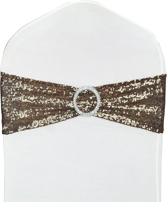 25 Pcs Chair Sashes Sequin Stretch Chair Bands Spandex Polyester Bows for Party Hotel Wedding Banquets Decoration - Coffee