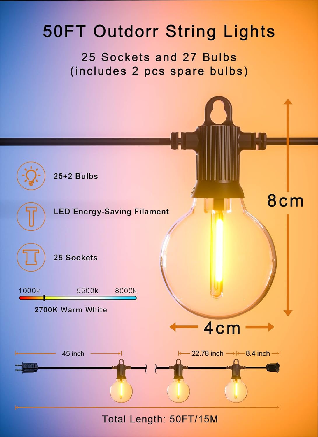 Outdoor String Lights, 50FT Patio Lights Outdoor Waterproof with 27 Shatterproof G40 Globe Bulb(2 Spare), Connectable Dimmable LED String Lights for Outside Backyard Porch Balcony Party, 2700K
