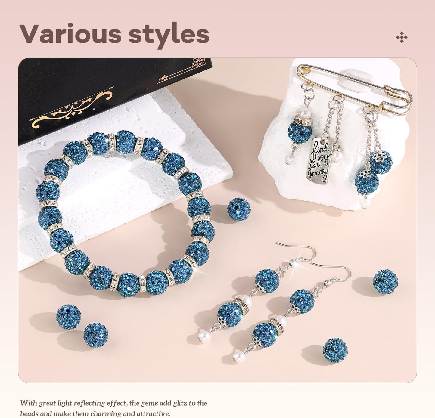 160pcs 10mm Rhinestone Beads for Jewelry Making, Blue Zircon Shiny Round Disco Ball Beads Bulk, Sparkle Crystal Clay Christmas for Bracelet Baseball Necklace Earring Crafting and DIY