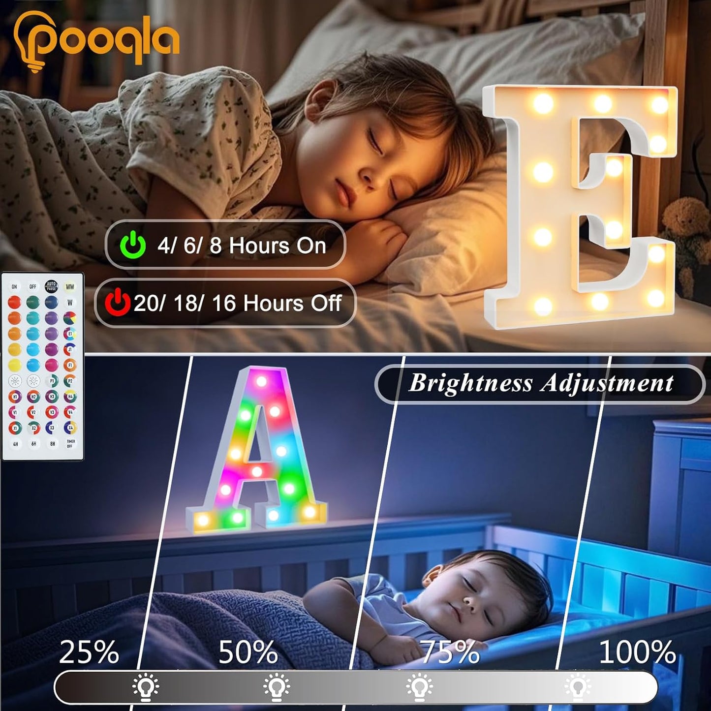 Pooqla Colorful Light Up Letters with Remote, Upgraded 35 Colors LED Marquee Letters, RGB Lighted Letter for Girls Teenager Gift, Birthday, Party, Wedding, Night Light, Room, Bedroom Decor, Letter F