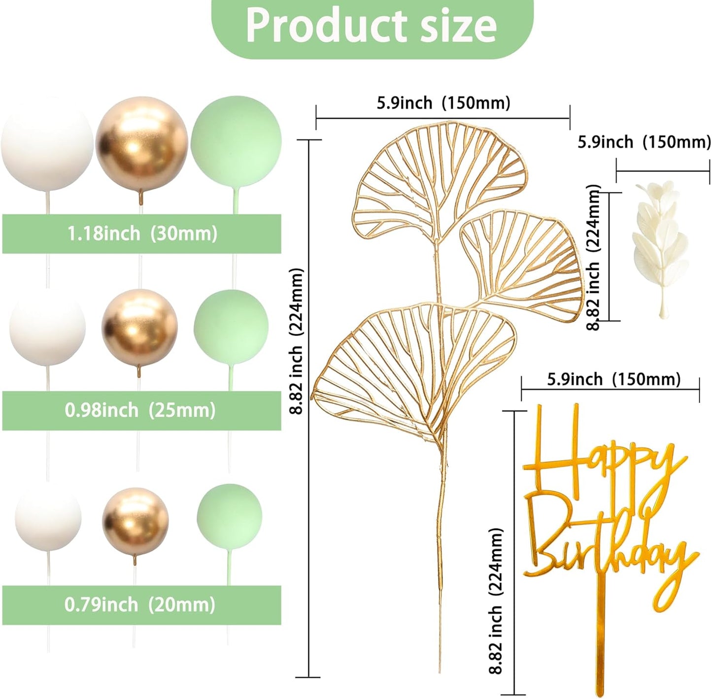 Gyufise 57Pcs Balls Cake Topper Boho Grass Cake topper Pearl Balls Acrylic Happy Birthday Cake Decorations for Wedding Baby Shower Birthday Boho Themed Party Supplies Green