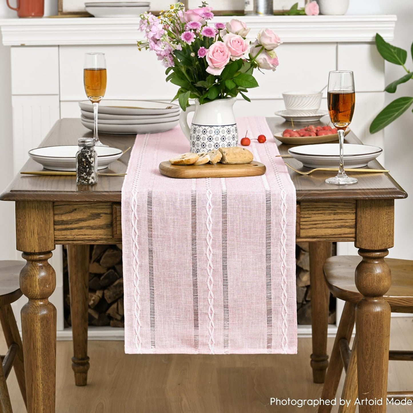 Artoid Mode Pink Rustic Cotton Linen Table Runner, Seasonal Embroidered Hollow Kitchen Dining Table Decoration for Home Party Decor 13x36 Inch