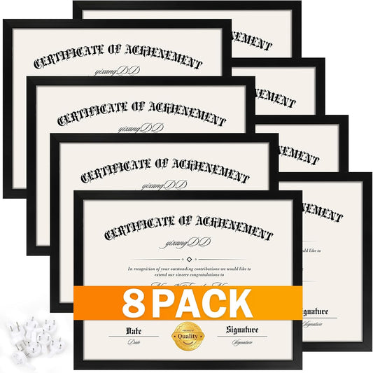YixangDD 8 PACK Certificate Frames 8.5 x 11, Black Diploma Frame Document Frame with Clear Plexiglass, Picture Frames for Tabletop and Wall Display