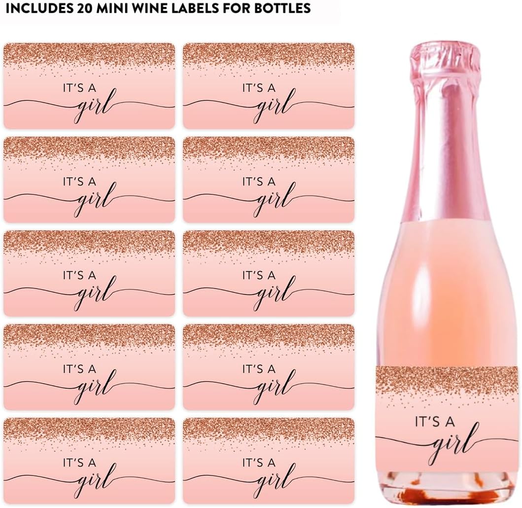 Andaz Press Mini Champagne Wine Bottle Baby Shower Labels, It's A Girl!, Blush Pink Faux Rose Gold Glitter Elegant, 20-Pack, Mini Champagne Bottles Baby Shower Mini Wine Bottle Labels Baby Shower