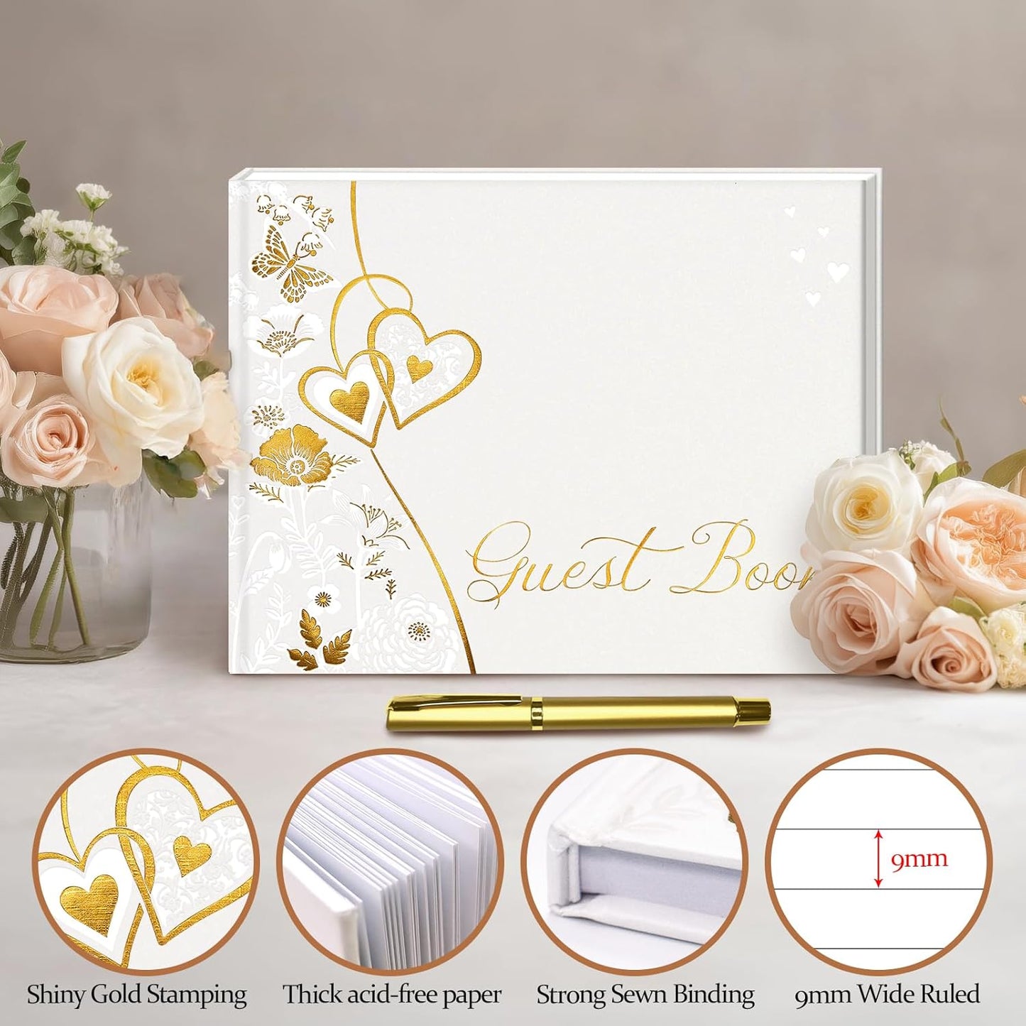 FREXISYN Wedding Butterfly Guest Book 9x7'' - Personalized Photo Guestbook with Pens for Reception, Baby Shower & Birthday [hardcover]