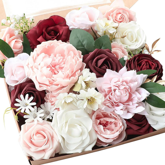 Floroom Blush Burgundy Artificial Flowers Dark Red Fake Roses Peonies Dahlia and Greenery Combo Box Set for DIY Wedding Bouquets Bridal Shower Centerpieces Floral Arrangements Party Tables Decorations