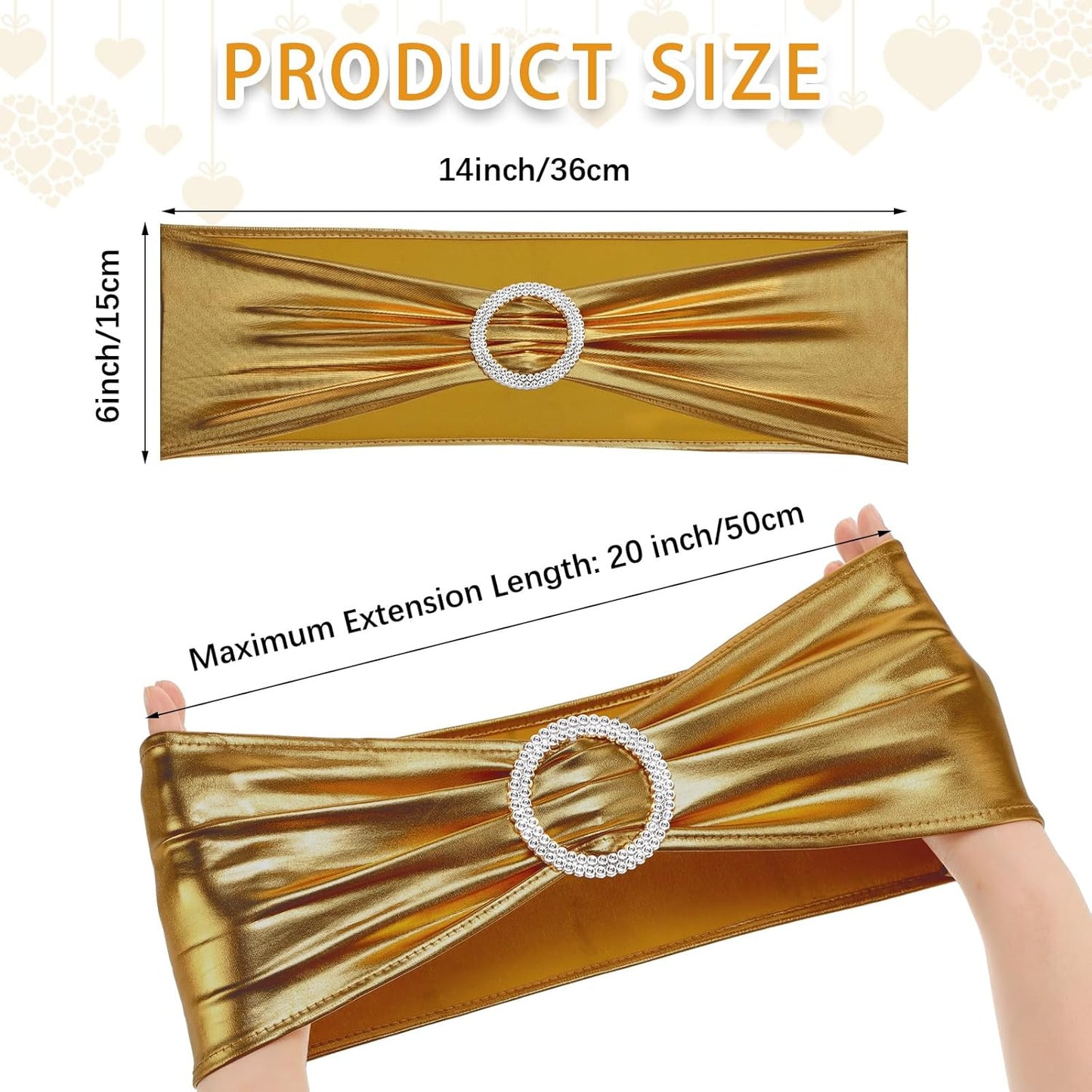 CHENGU 150 Pieces Spandex Stretch Chair Sashes Bows Elastic Chair Cover Bands Ties with Buckle Slider for Wedding Party Reception Events Universal Ceremony Banquet Decorations (Glossy Gold)