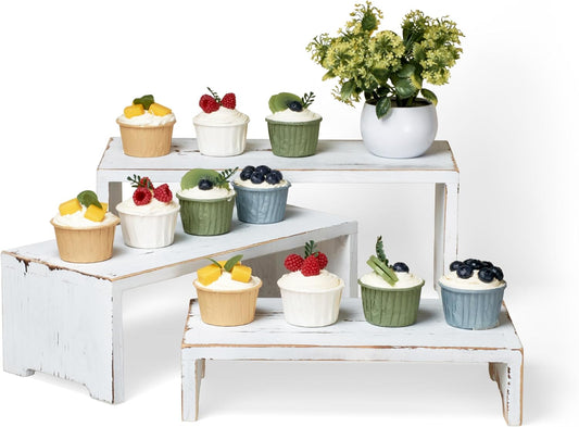 Set of 3 Wooden Rustic Cupcake Stand for 24 Cupcakes, Stepped Wood Display Stand for Weddings, Tiered Party Buffet Table Display Nesting Riser for Food , Dessert, Cookie, Craft Show, White