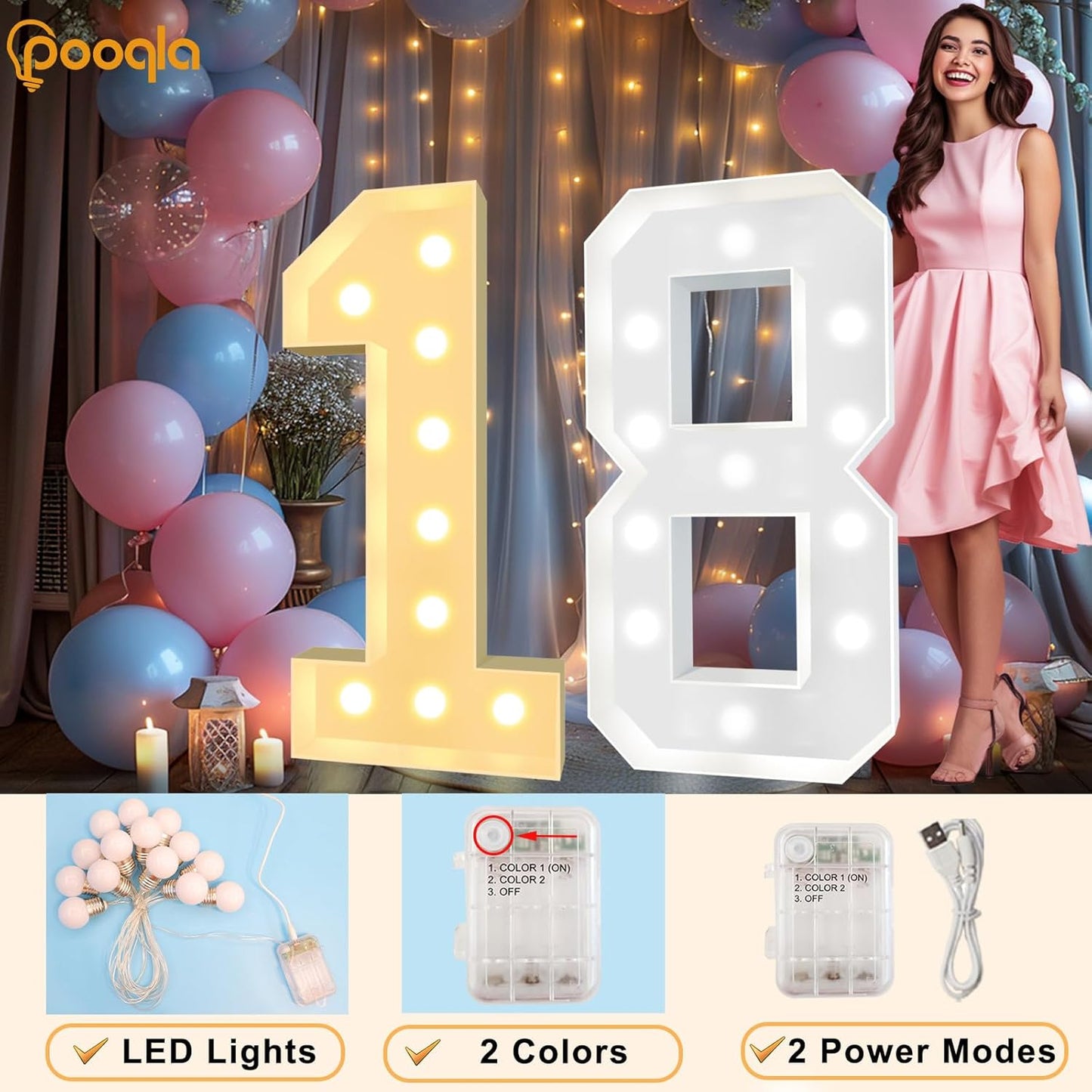Pooqla 4 FT Light Up Marquee Numbers, Giant Mosaic Light Up Numbers Cool White and Warm White LED, Large Lighted Marquee Numbers for Balloons 10th 20th 50th Birthday Party Decoration, LED Number 0