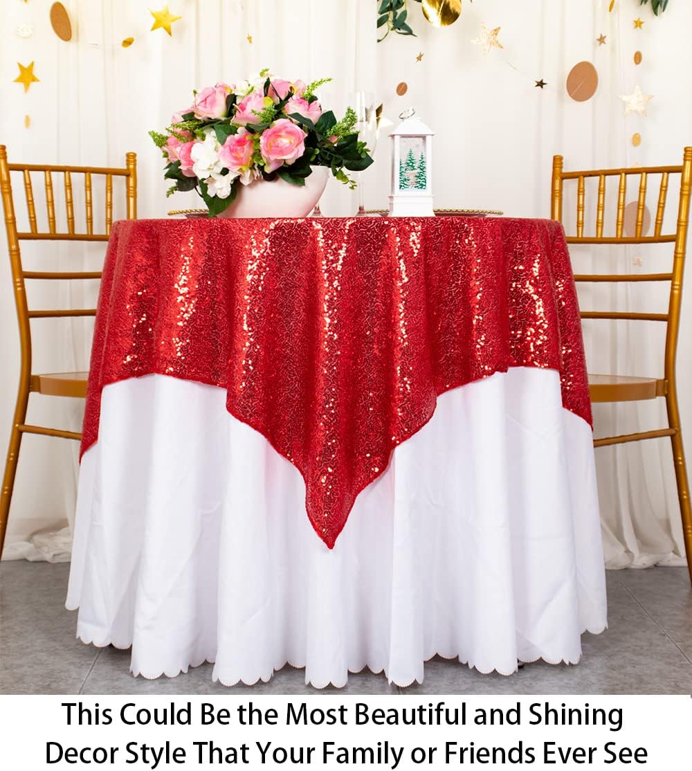 ShinyBeauty Small Tablecloth Square 36x36-Inch Red Sequin Tablecloth Glitter Table Cover Overlay Square Red Wedding Table Cloths Sequin Fabric Tablecloth for Round Table Birthday Party Baby Shower