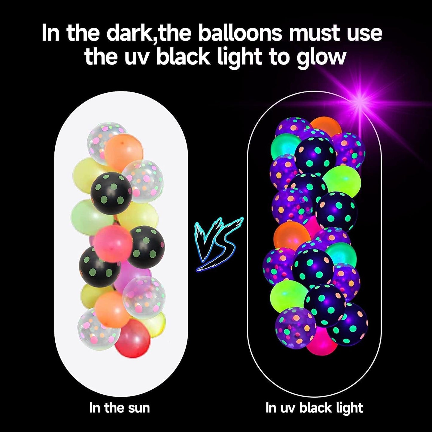 90 Pcs UV Neon Balloons,Neon Polka Dot Glow Party Balloons UV Black Light Balloons Glow in the dark for Birthday Decorations Wedding Glow Party Supplies Blacklight Carnival