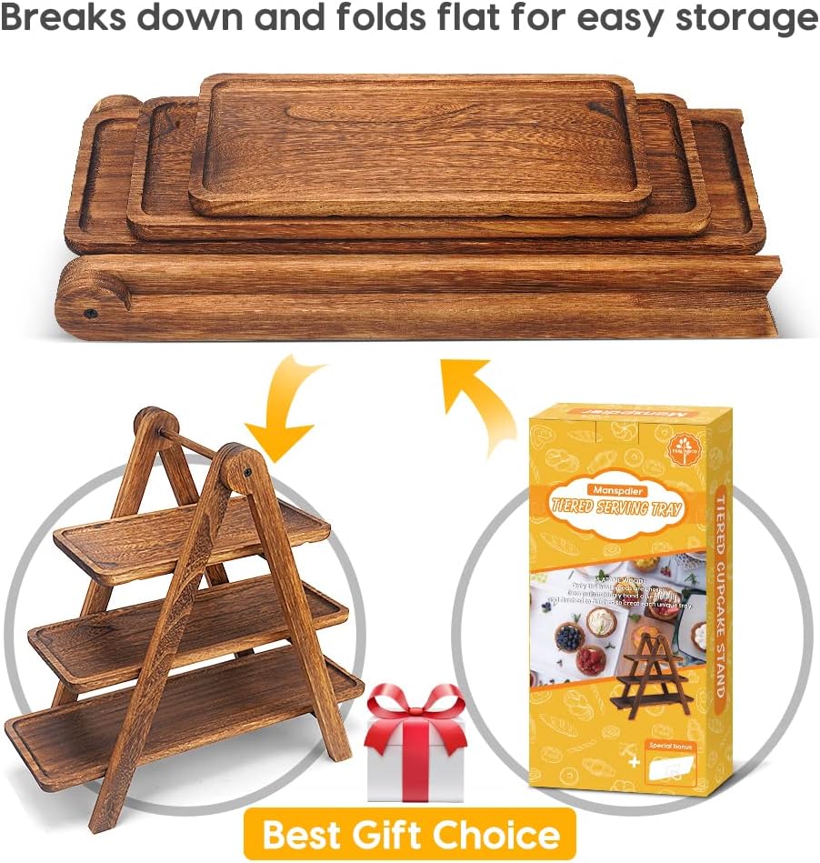 Manspdier Wood 3 Tier Serving Tray Three Tiered Serving Stand, Rectangle Serving Platter Wooden Farmhouse Tiered Tray, Party Serving Brown decorative tray tray decor