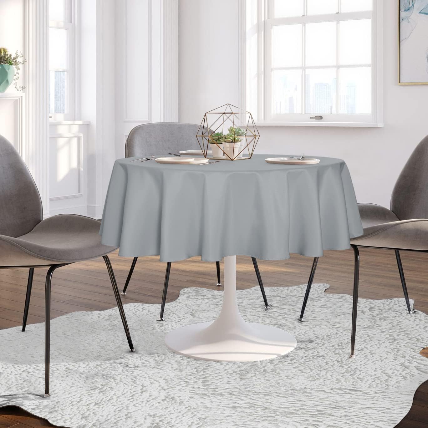 sancua Round Tablecloth - 48 Inch - Water Resistant Spill Proof Washable Polyester Table Cloth Decorative Fabric Table Cover for Dining Tables, Buffet Parties and Camping, Silver Grey