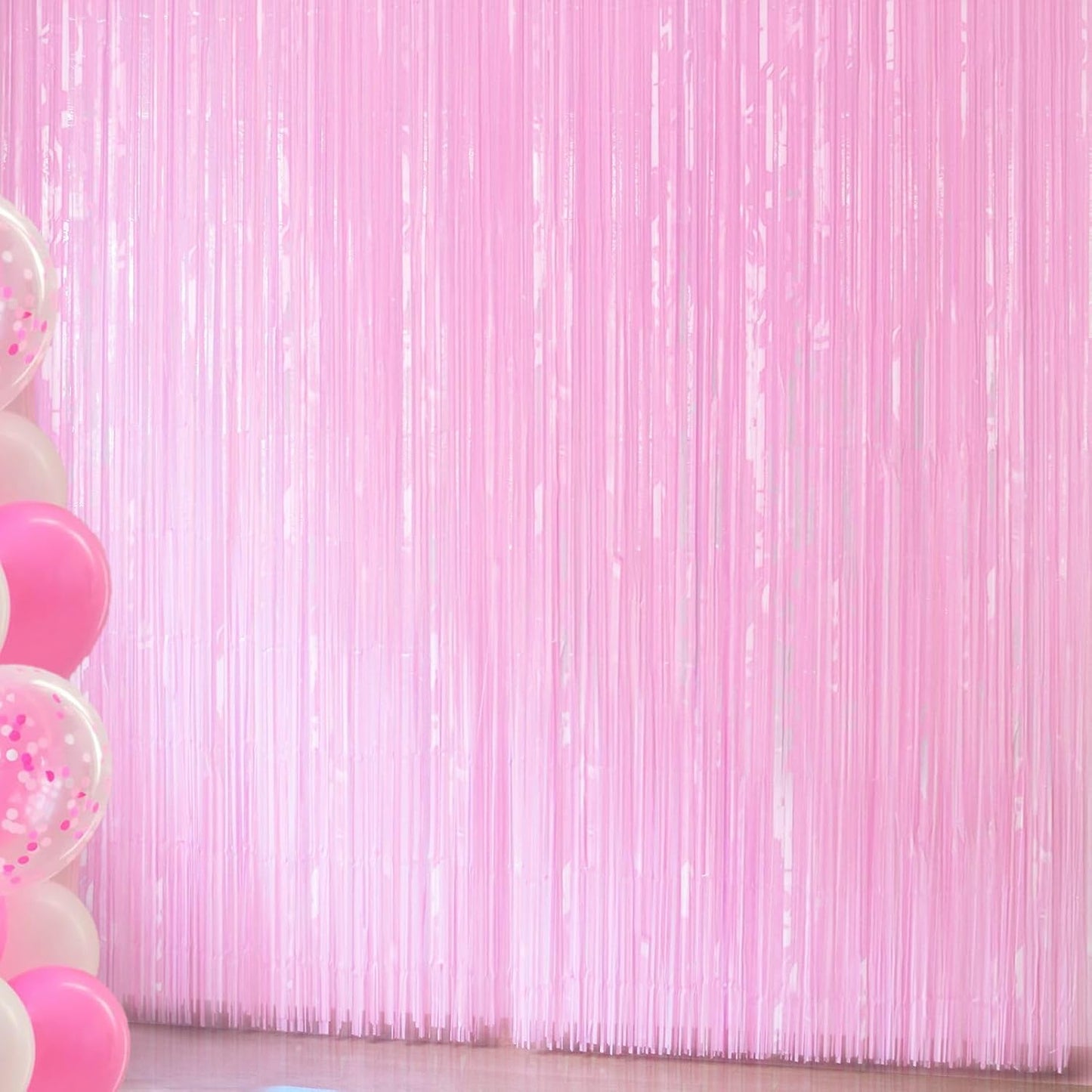 Pastel Pink Birthday Decorations - 4 Pack of 3.2x8.2ft Pink Foil Fringe Curtains Streamers Backdrop for Birthday Valentines Party Decoration