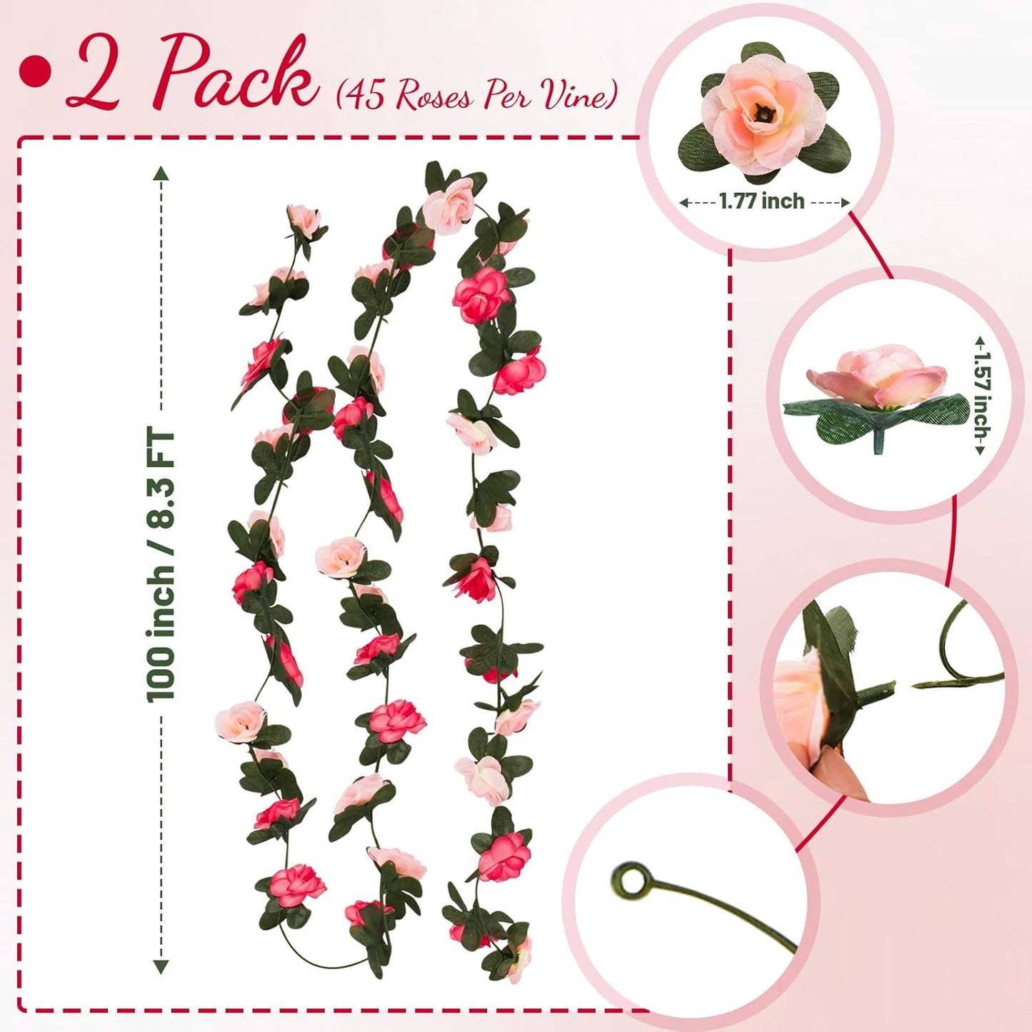 2 Pcs 16.5 Ft Flower Garland Rose Vines, Pink Rose Garland for Decoration, Flower Vine for Bed Room Table Birthday Wedding Party Garden Wall Decor