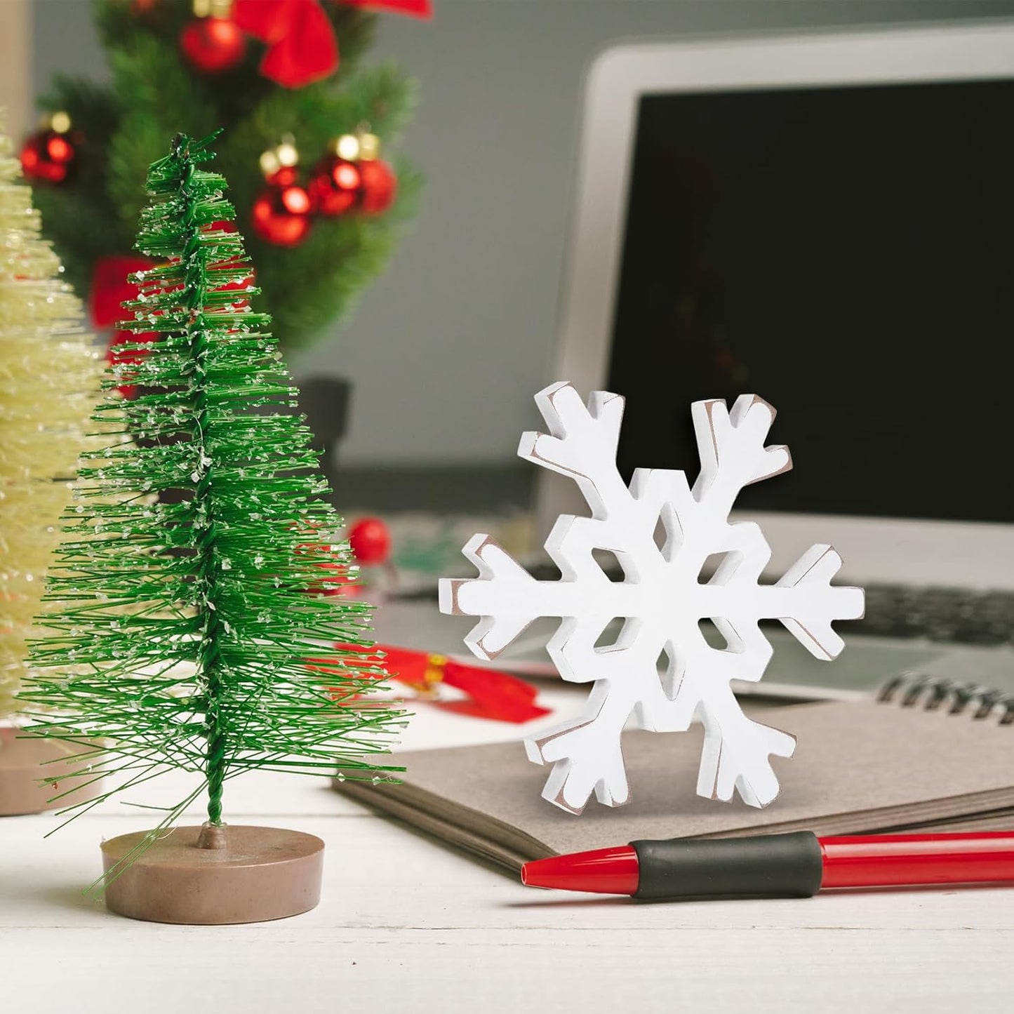 Snowflake Decorations Christmas Decor 6Pcs Winter White Wooden Snowflakes Standing Christmas Tiered Tray Decor Winter Wonderland Decorations for Indoor Home Xmas Table Shelf Fireplace Mantel