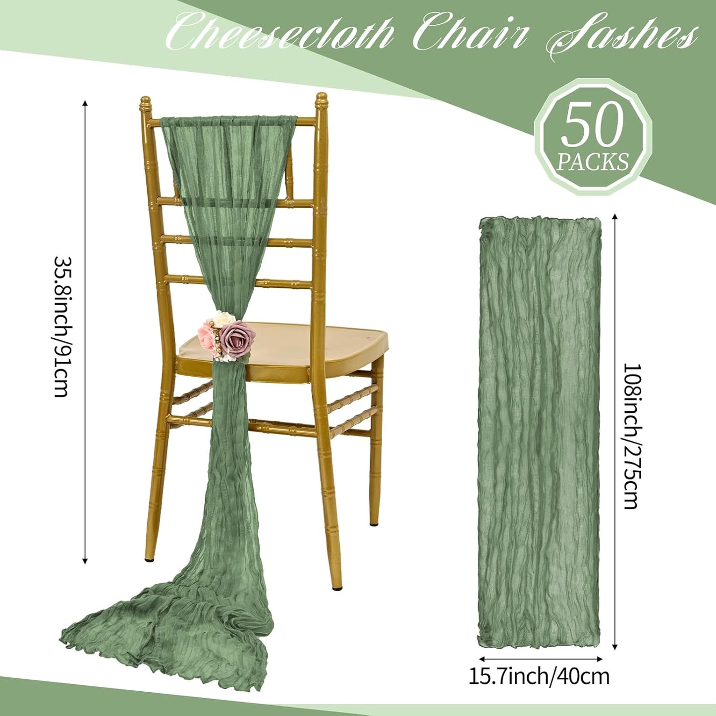 50 PCS Cheesecloth Chair Sashes, Bows Designed ChairSashes, 15.7x108 inch Chair Sashes for Aisle Decorations Universal Chairs Cover Decoration for Wedding Reception Party Banquet (Sage Green)