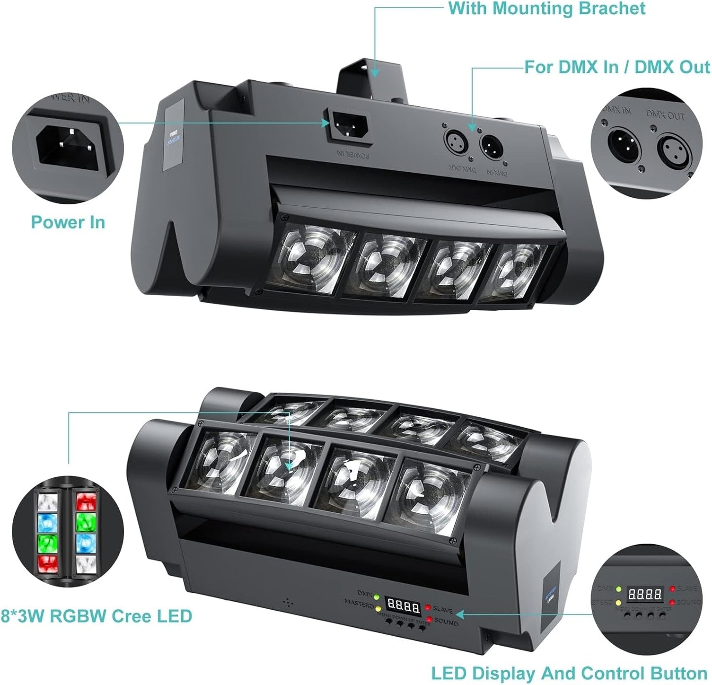 BETOPPER Stage Light, Moving Head DJ Light for Parties, RGBW 8x3W Spider LED Light, Sound Activated & DMX-512 Control for Party, Pub, Club, Wedding Event, Carnival Festival, Disco Stage Lighting