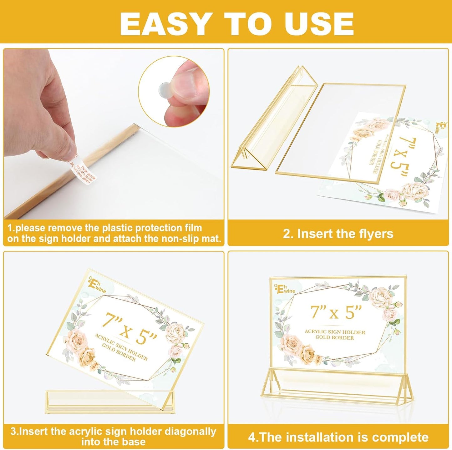 EHWINE 24 Pack Acrylic Sign Holder 5 x 7 Horizontal, Double-Sided Stand up Table Top Sign Holders, Gold Acrylic Picture Frame Menu Flyer Paper Holder Display Stand for Office Business Store Wedding Party