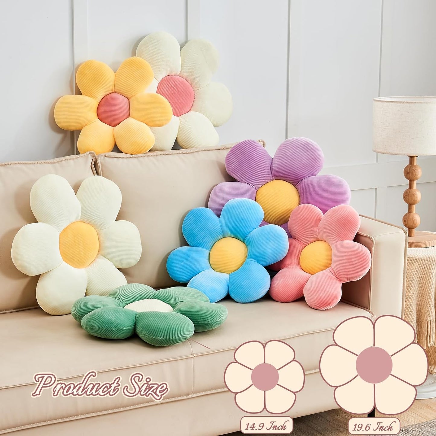 White Pink Flower Pillow, 19.6" Cute Flower Shaped Floor Pillow, Aesthetic Floral Plush Daisy Decorative Throw Pillows for Bed Sofa Couch