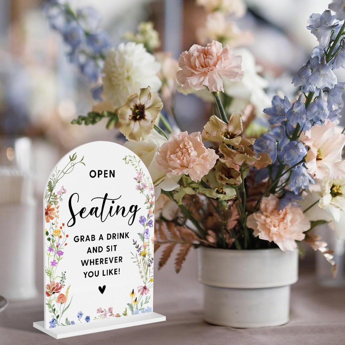 Acrylic Wedding Signs, Open Seating Signs for Marriage Reception, Bridal Shower Decorations, Modern Arched Round Top Acrylic Table Top Sign with Holder for Wedding Party Dinner (White Wildflowers)