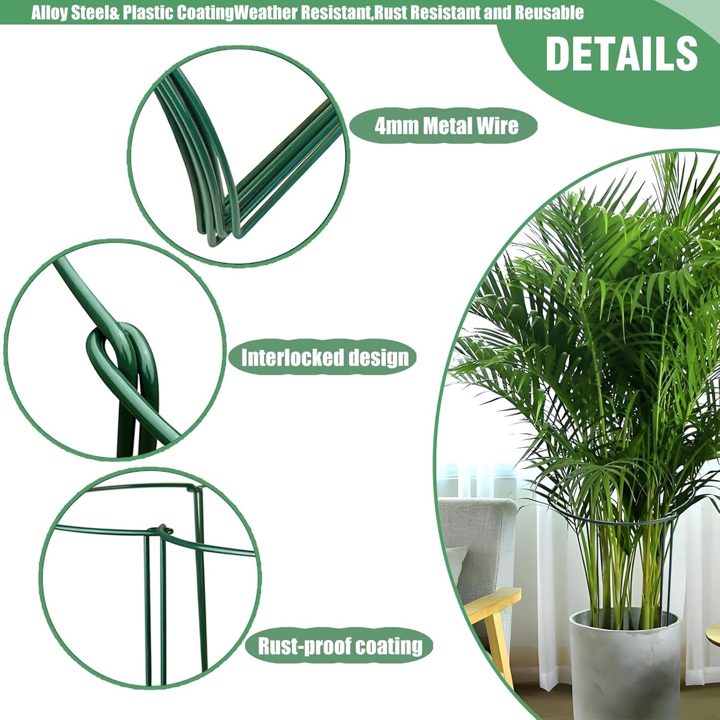 LINGHUI 12 Pack Plant Support Stakes, 10" Wide x 16" High,Heavy-Duty Half Round Peony Support Ring and Cage for Indoor and Outdoor Plants, Peony, Tomato, Hydrangea, Rose(100 Plant Ties)