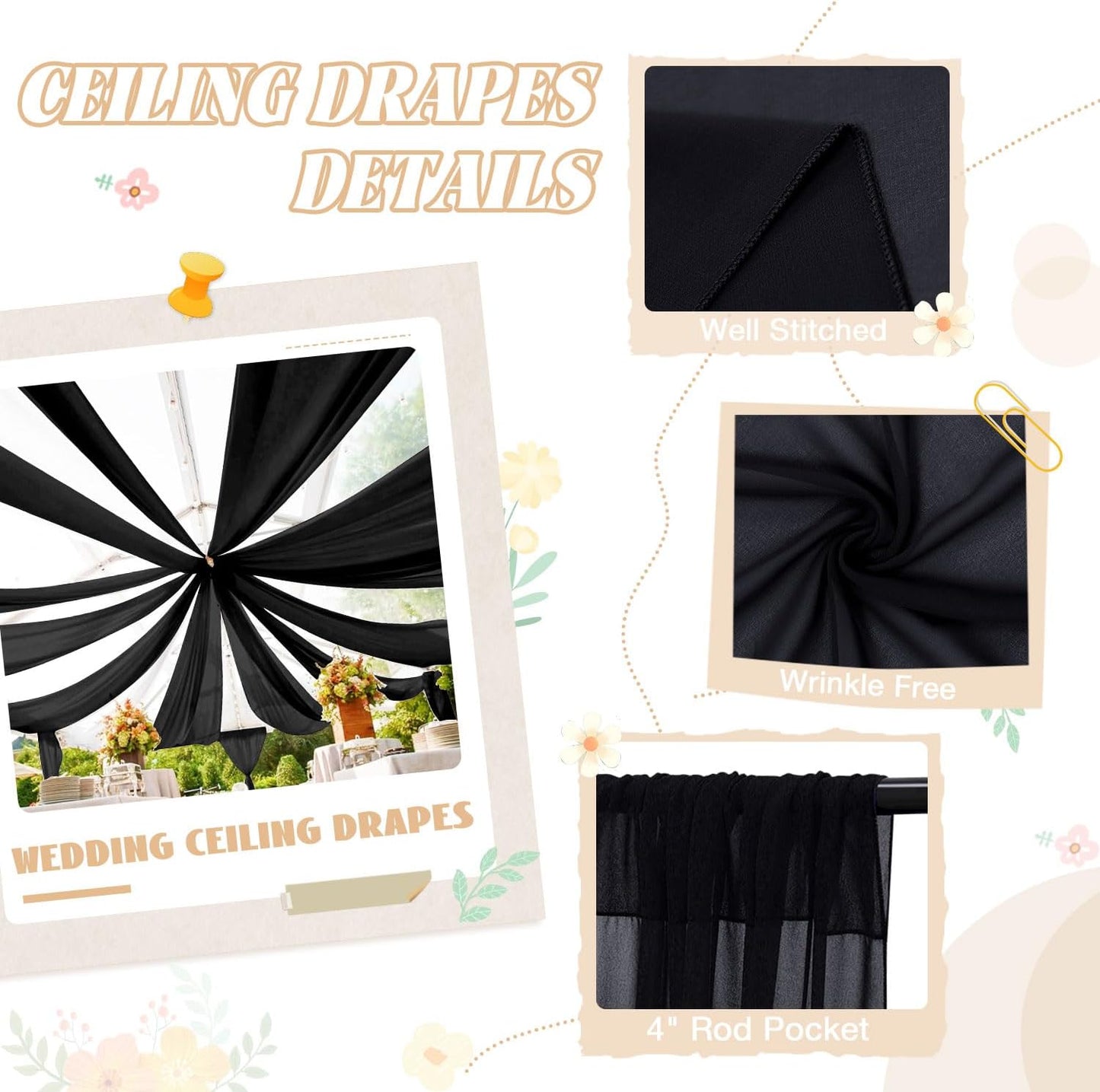 FUHSY Ceiling Drapes Black Wedding Arch Draping Sheer Backdrop Curtains for Parties 4 Panels 5x20 FT Chiffon Fabric for Drapey Tulle Curtains Tent Ceiling Fabric Draping Fabrics Decorations