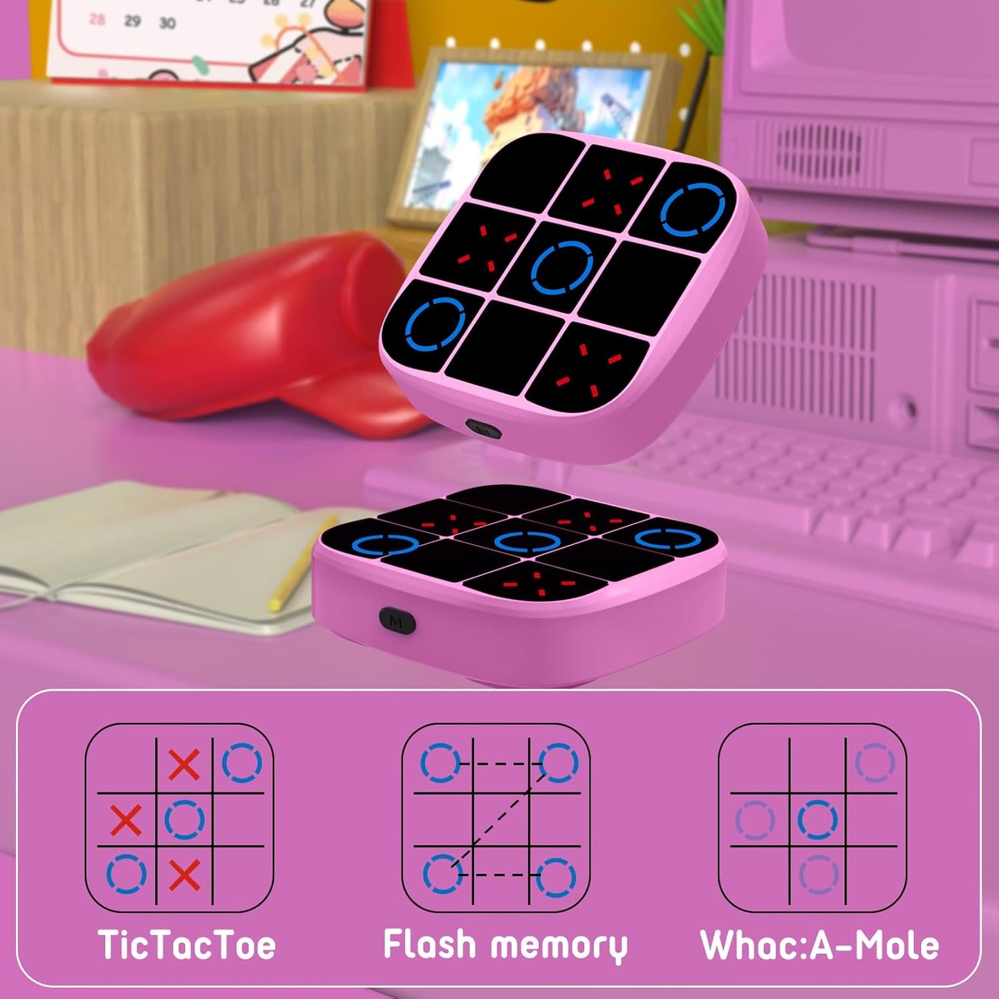 Tic-Tac-Toe Bolt Game, 4-in-1 Handheld Puzzle Games Console, Electronic Tic-Tac-Toe Game for Educational and Memory Growth, Portable Travel Games for Car Ride, Board Games for Kids and Adults (Pink)