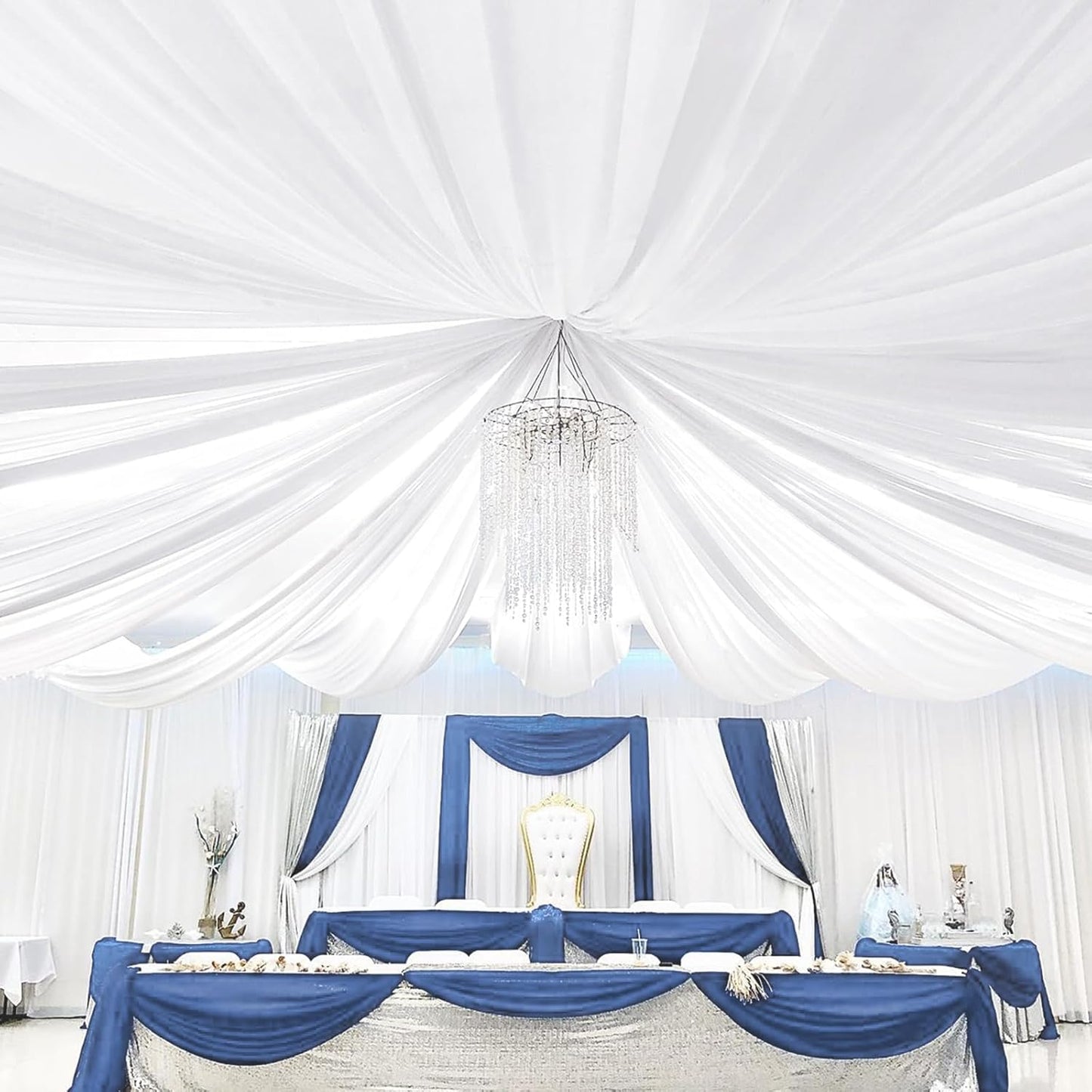 6 Panels White Ceiling Drapes 5ftx30ft Sheer Drapery Ceiling Curtains Chiffon Fabric Arch Draping for Wedding Party Ceremony Birthday Baby Shower Reception Stage Ceiling Decorations