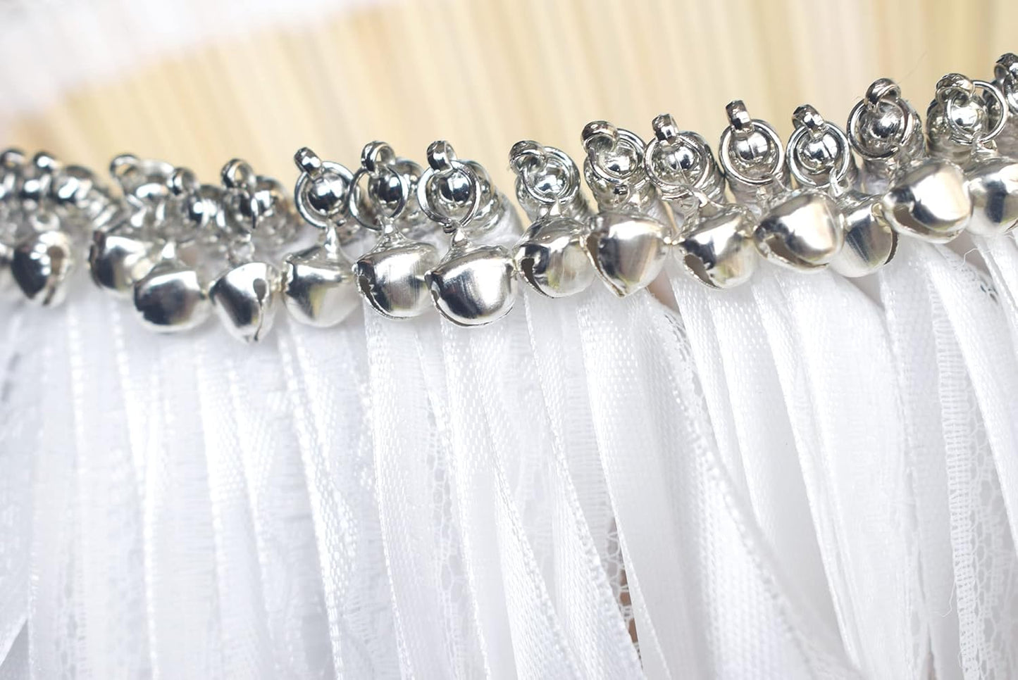 Kingsnow 100 Pieces Lace Wedding Ribbon Wands with Triple Ribbon and Silver Bell Wand Silk Fairy Stick Wand Streamers Party Ribbon Sticks Magic Fairy Wands for Wedding Bridal Shower Photo Prop Send