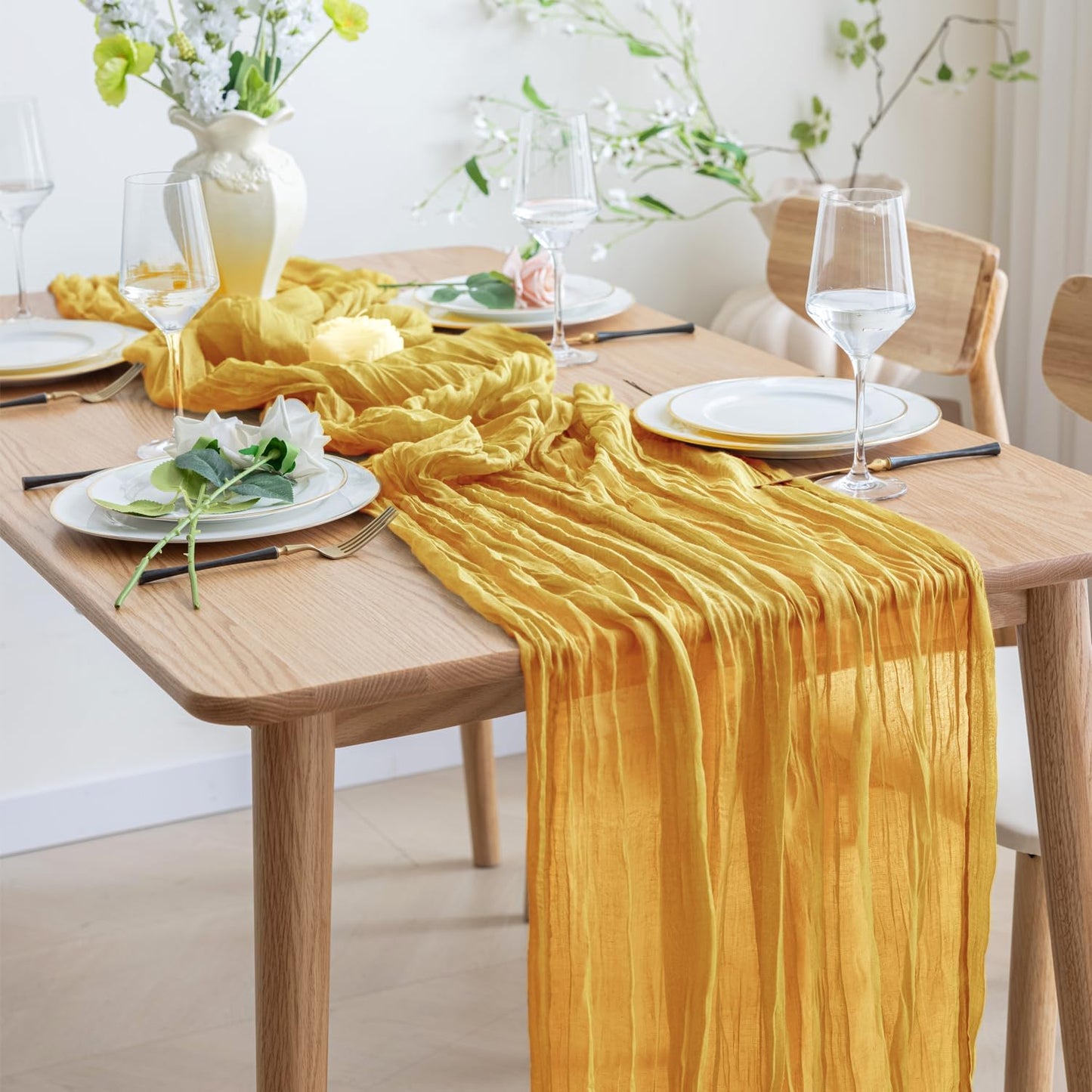 Asee'm 2pcs Cheesecloth Table Runner 120 Inches Long Gold Boho Gauze Cheese Cloth Runner 10FT Rustic Sheer Table Runners for Christmas Wedding Party Baby Shower Spring Easter Decoration