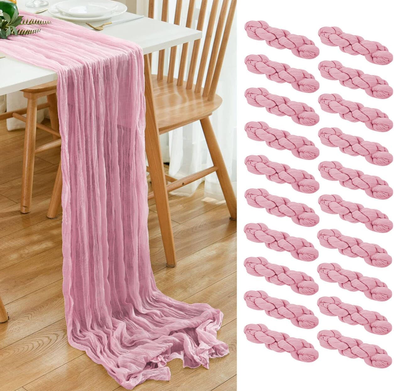 20 Pack Light Pink Cheesecloth Table Runner 17x108 Inch Boho Wrinkled Sheer Gauze Cheese Cloth Table Runner Bulk Decor for Wedding, Bridal Shower, Birthday Party