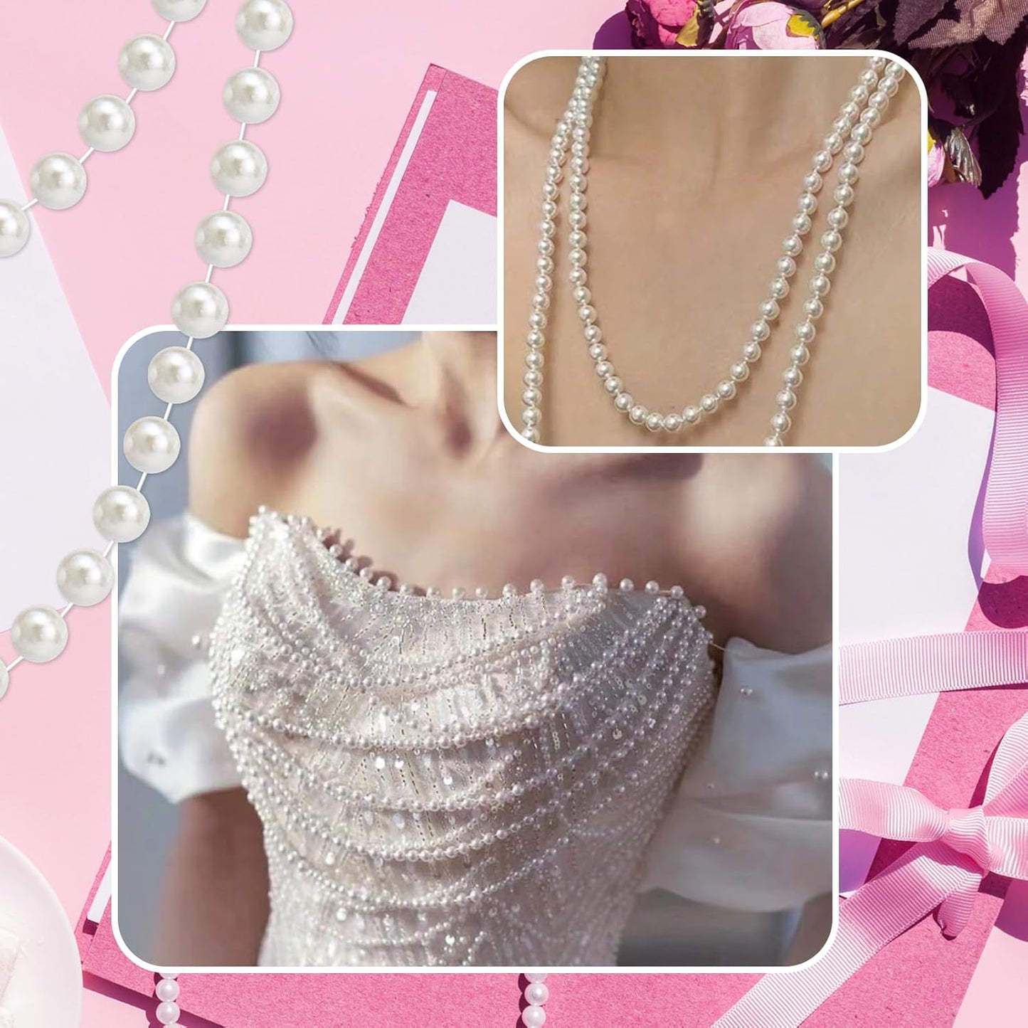 99 Feet 6mm Pearl Strings Garland for Crafts, Artificial Pearl Beaded Trim Chain Roll Strands for Wedding Centerpieces Bouquet Party Decoration Christmas Tree Garland, Ivory