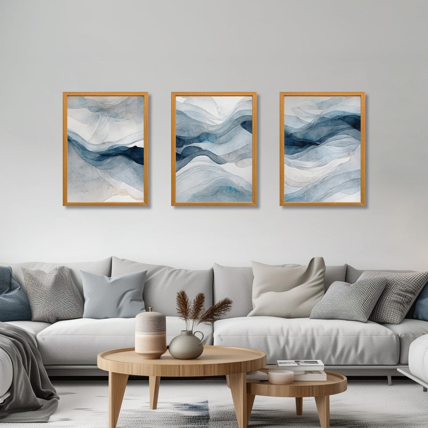 IAFWZX Wood Framed Blue Gray Abstract Wall Art, Modern Minimalist Waves Wall Decor, Neutral Watercolor Line Canvas Paintings, Navy Blue Watercolor Poster Prints for Living Room Office 12"x16"x3
