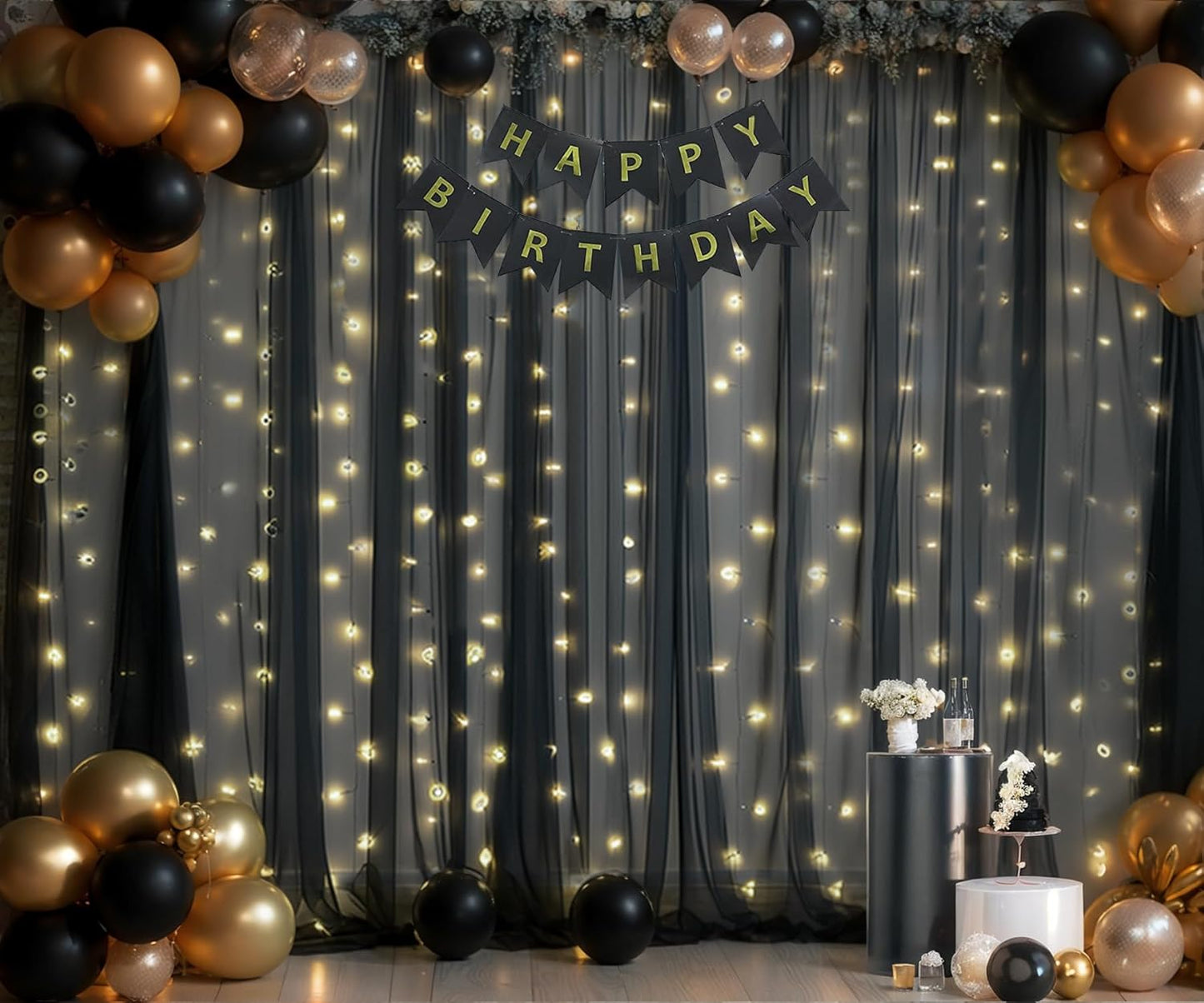 Black Sheer Backdrop Curtains with Lights String for Parties Birthday 10ft × 8ft Black Tulle Backdrop Curtain for Baby Shower Wedding Graduation Halloween Party Photo Shoot Decorations